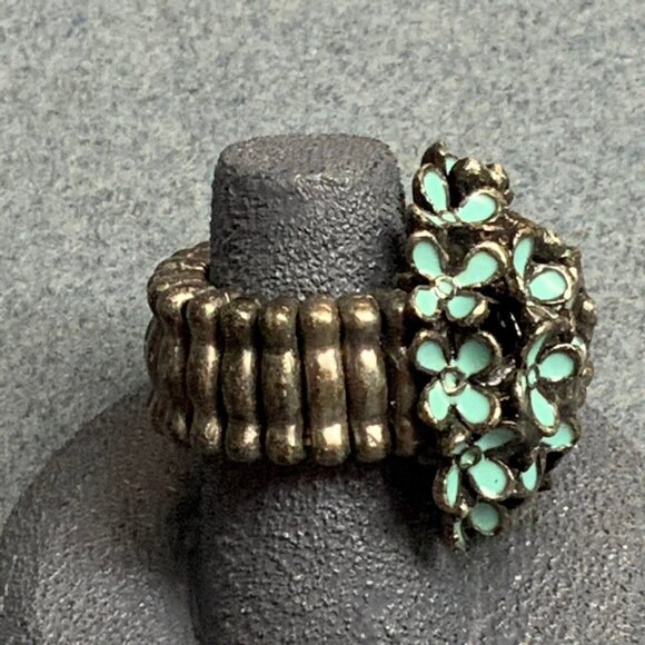 Flower Cluster Stretch Ring Size 6 Turquoise Blue Enamel Antiqued Silver Vintage - Picture 3 of 5